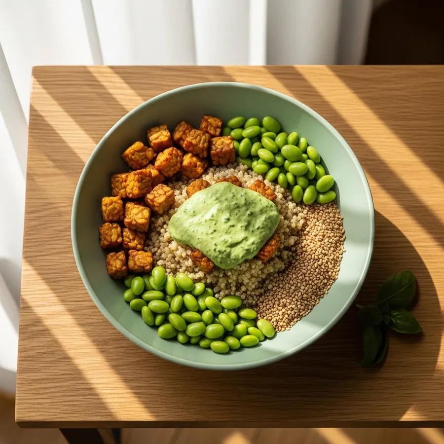 Bol de quinoa et tempeh, sources de protéines végétales et de fibres